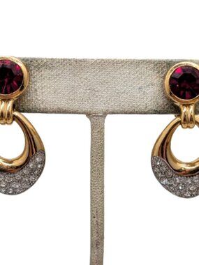 Vintage 1970s Signed Lanvin Faux-Garnet & Clear Rhinestone Hoop Clip Earrings